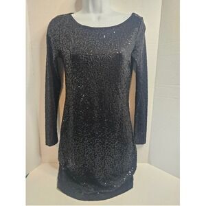 Kensie Full Sequin Cocktail Dress Stretch Long Sleeve Sz. XS Black LBD After 5